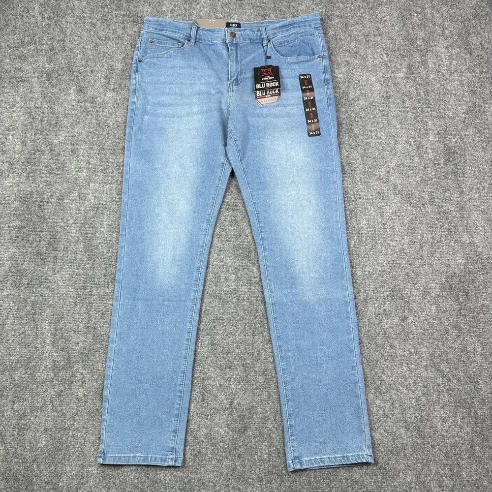 Blu Rock Jeans Mens 34x31 Slim Fit Light Blue 4 Way Stretch Flex Denim NWT